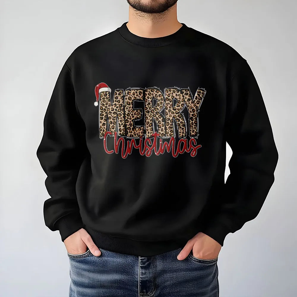 Santa Hat Holiday Crewneck, Merry Christmas Leopard Sweatshirt, Adorable Leopard Print Christmas Sweatshirt, Festive Winter P