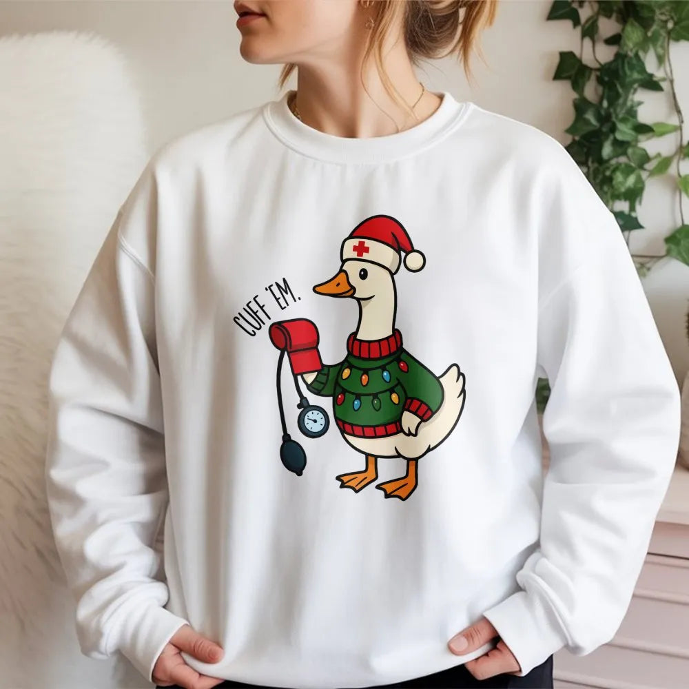 Humorous Cuff Em Goose Sweatshirt, Nurse Christmas Sweatshirt, Holiday Healthcare Worker Crewneck, Adorable Nursing Student P