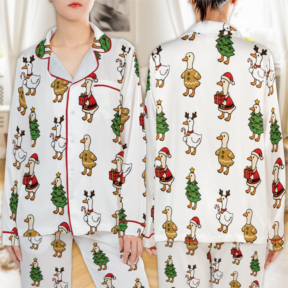 Festive Winter Bird Pajamas, Holiday Christmas Goose Satin Pajama Set, Comfy Holiday Loungewear Pajamas, Sleepwear Present fo