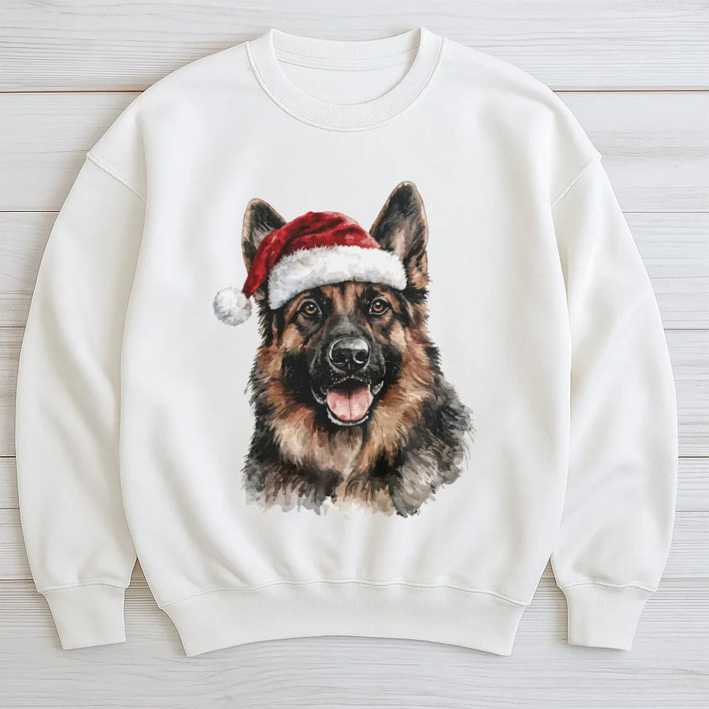 Santa Hat Dog Holiday Sweater, German Shepherd Christmas Sweatshirt, Watercolor Dog Portrait Crewneck, Dog Lover Xmas Pullove