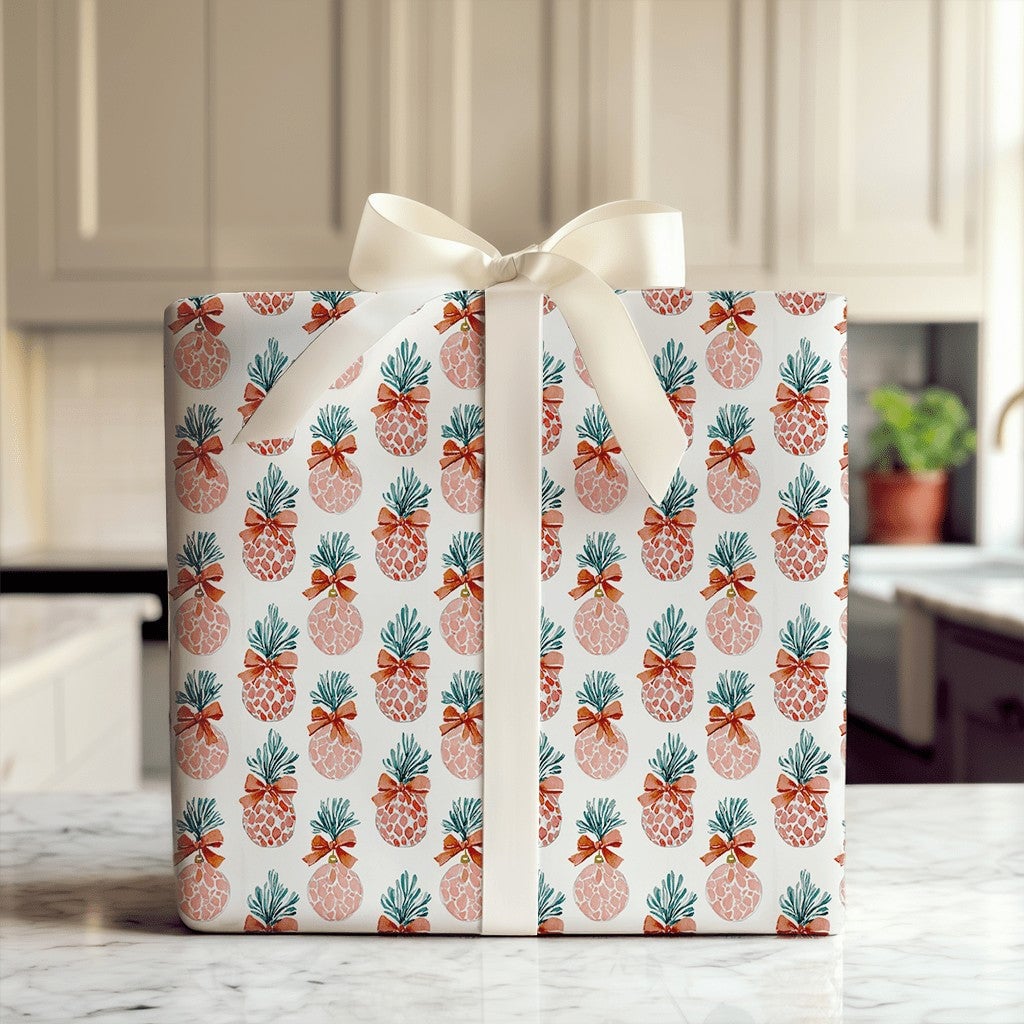 Pink Fruit Holiday Gift Wrap, Tropical Pineapple Christmas Wrapping Paper, Festive Present Wrap, Unique Winter Wrapping Paper