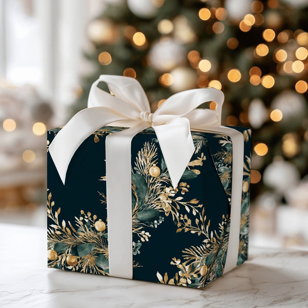 Elegant Gold Green Gift Wrap Roll, Botanical Wreath Christmas Wrapping Paper, Winter Holiday Present Paper, Dark Floral Gift 