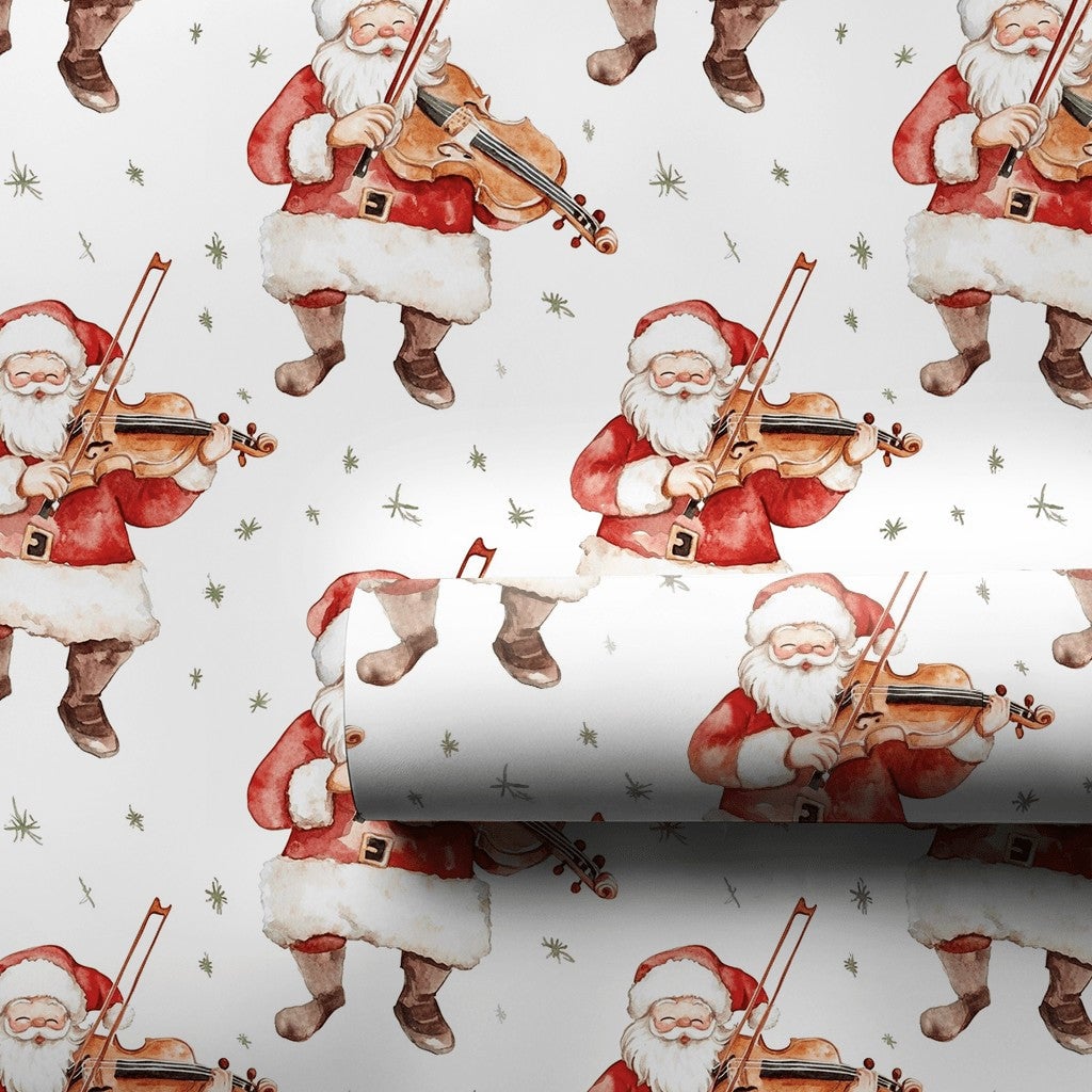 Musical Christmas Gift Wrap, Watercolor Santa Violin Wrapping Paper, Violinist Holiday Present Paper, Festive Xmas Gift Wrap