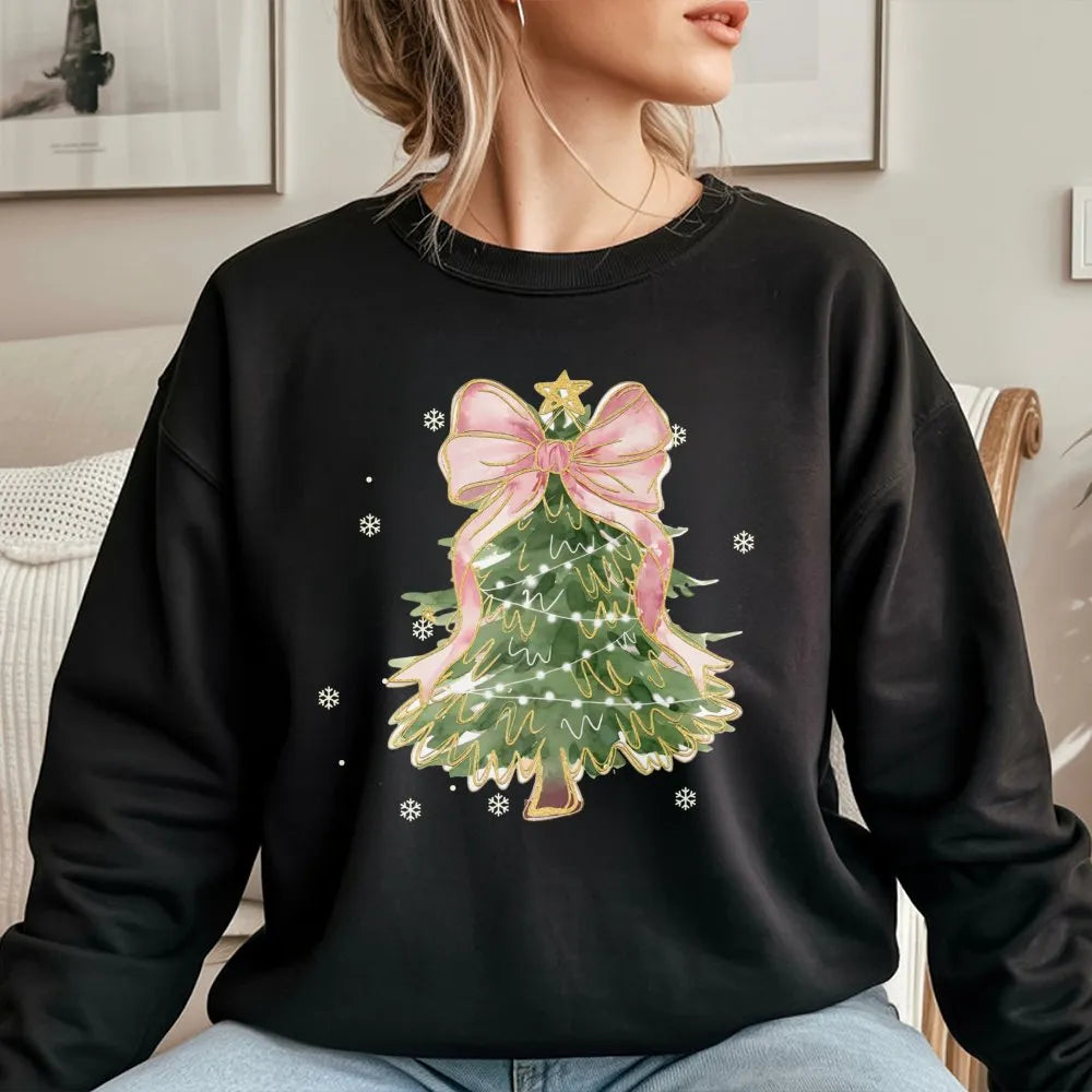 Aesthetic Pink Bow Holiday Crewneck, Coquette Christmas Tree Sweatshirt, Adorable Winter Tree Pullover, Trendy Girly Xmas Pre