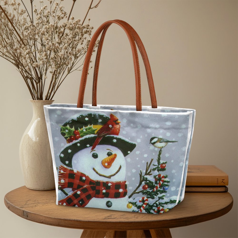 Winter Cardinal Shoulder Bag, Christmas Snowman Tote Bag, Holiday Scene Handbag, Adorable Snowman Graphic Tote Bag, Festive C