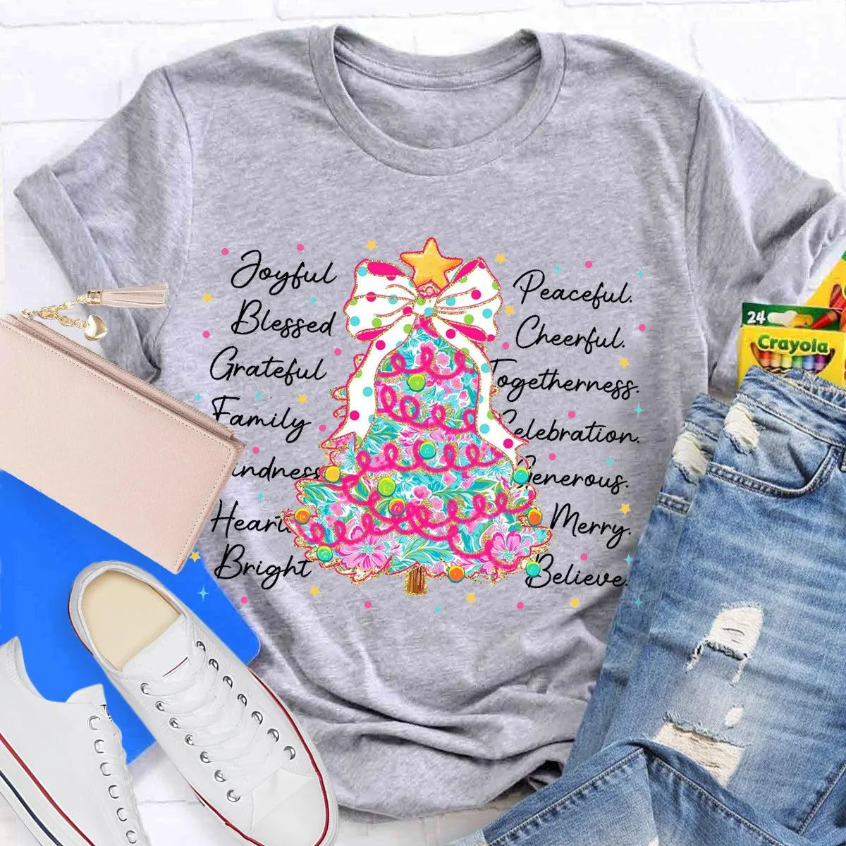 Aesthetic Holiday Graphic Tee, Joyful Peaceful Cheerful Christmas Tree T-Shirt, Retro Xmas Tree Shirt, Festive Winter Holiday