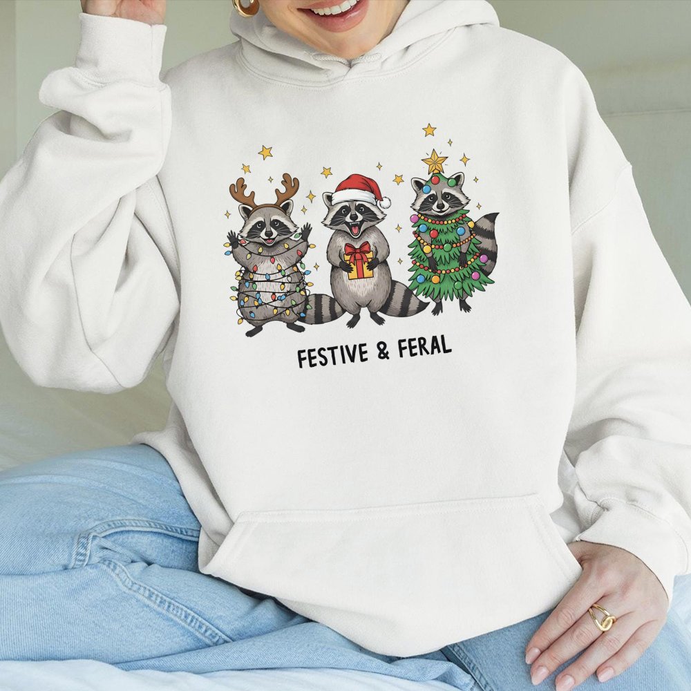 Humorous Christmas Animal Hoodie, Festive and Feral Raccoon Hoodie, Adorable Trash Panda Holiday Sweatshirt, Retro Raccoon Xm