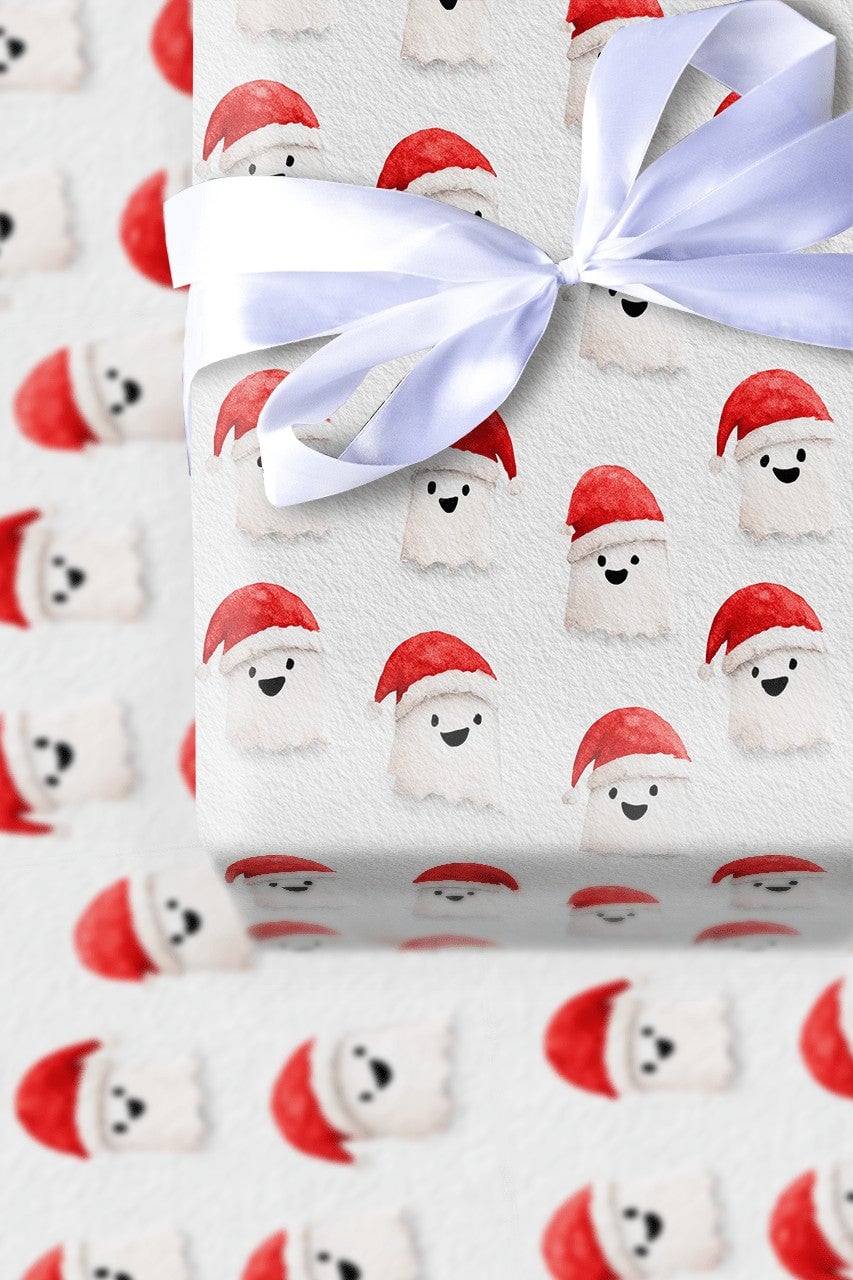 Spooky Santa Hat Gift Wrap, Christmas Ghost Wrapping Paper, Adorable Watercolor Ghost Holiday Wrapping Paper, Whimsical Winte