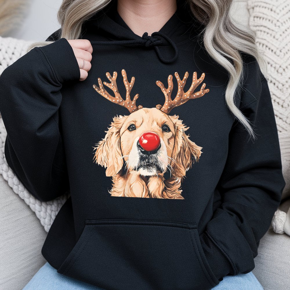 Reindeer Antlers Dog Mom Hoodie, Golden Retriever Christmas Hoodie, Humorous Dog Lover Holiday Hoodie, Adorable Puppy Pet Xma