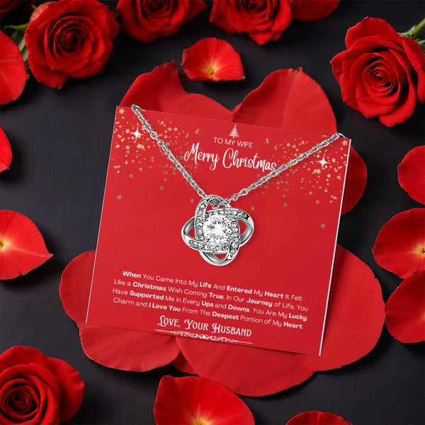 Rotating Rose Jewelry Box Set, Wife Christmas Love Knot Necklace, Gold Finish Wife Necklace, Romantic Holiday Keepsake Presen