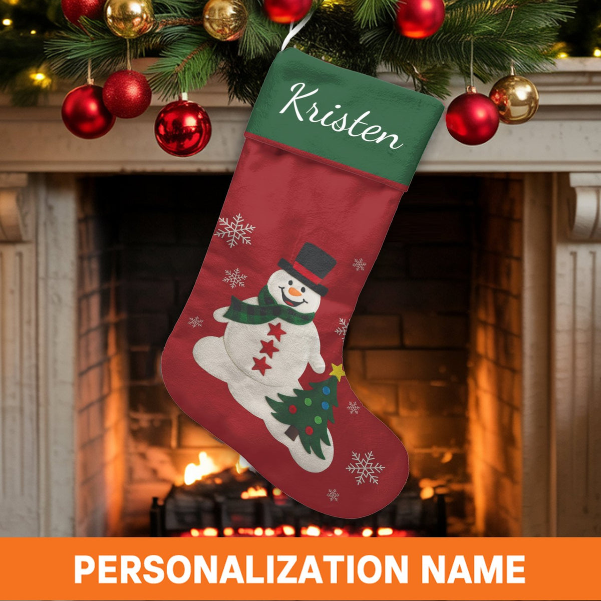 Custom Name Holiday Stocking, Personalized Snowman Christmas Stocking, Adorable Winter Character Xmas Stocking, Family Firepl