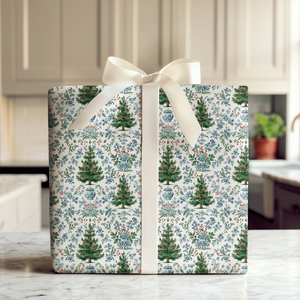 Blue and White Ginger Jar Holiday Gift Wrap, Chinoiserie Christmas Wrapping Paper, Floral Toile Christmas Wrap, Elegant Holid