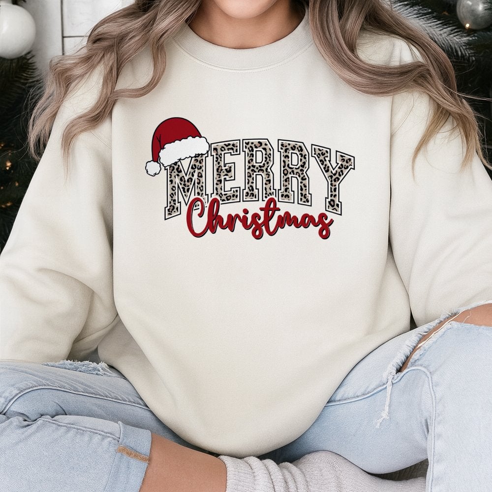 Retro Holiday Santa Hat Crewneck, Merry Christmas Leopard Print Sweatshirt, Leopard Christmas Pullover Sweater, Winter Holida