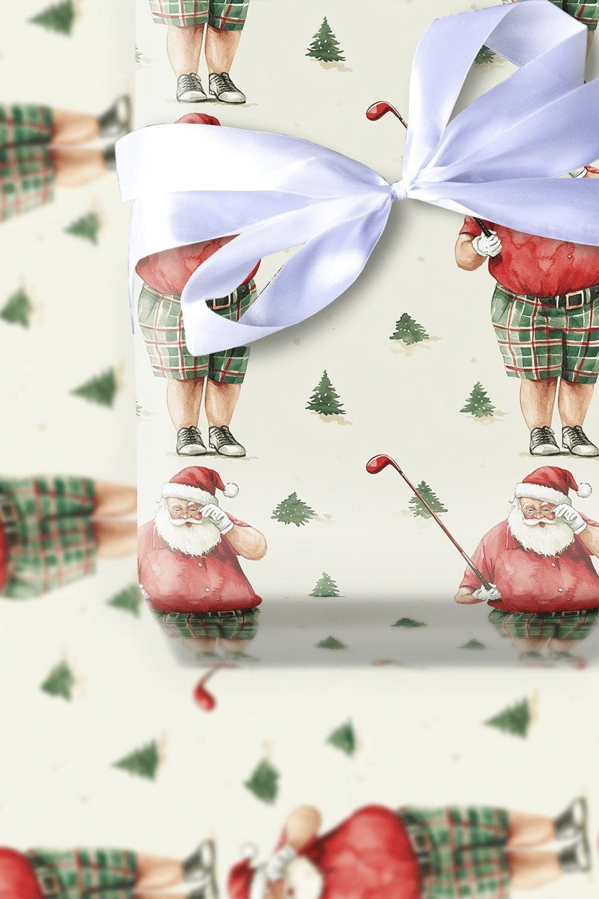 Humorous Christmas Golf Gift Wrap, Golfing Santa Wrapping Paper, Golfer Holiday Wrapping Paper, Plaid Shorts Santa Christmas 