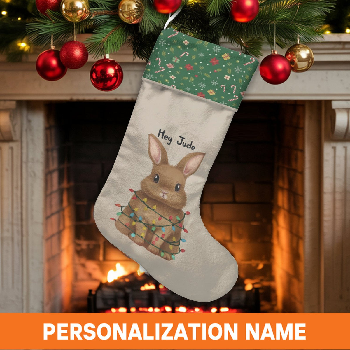 Adorable Rabbit Fairy Lights Stocking, Personalized Bunny Christmas Stocking, Custom Name Holiday Stocking, Kids Xmas Firepla