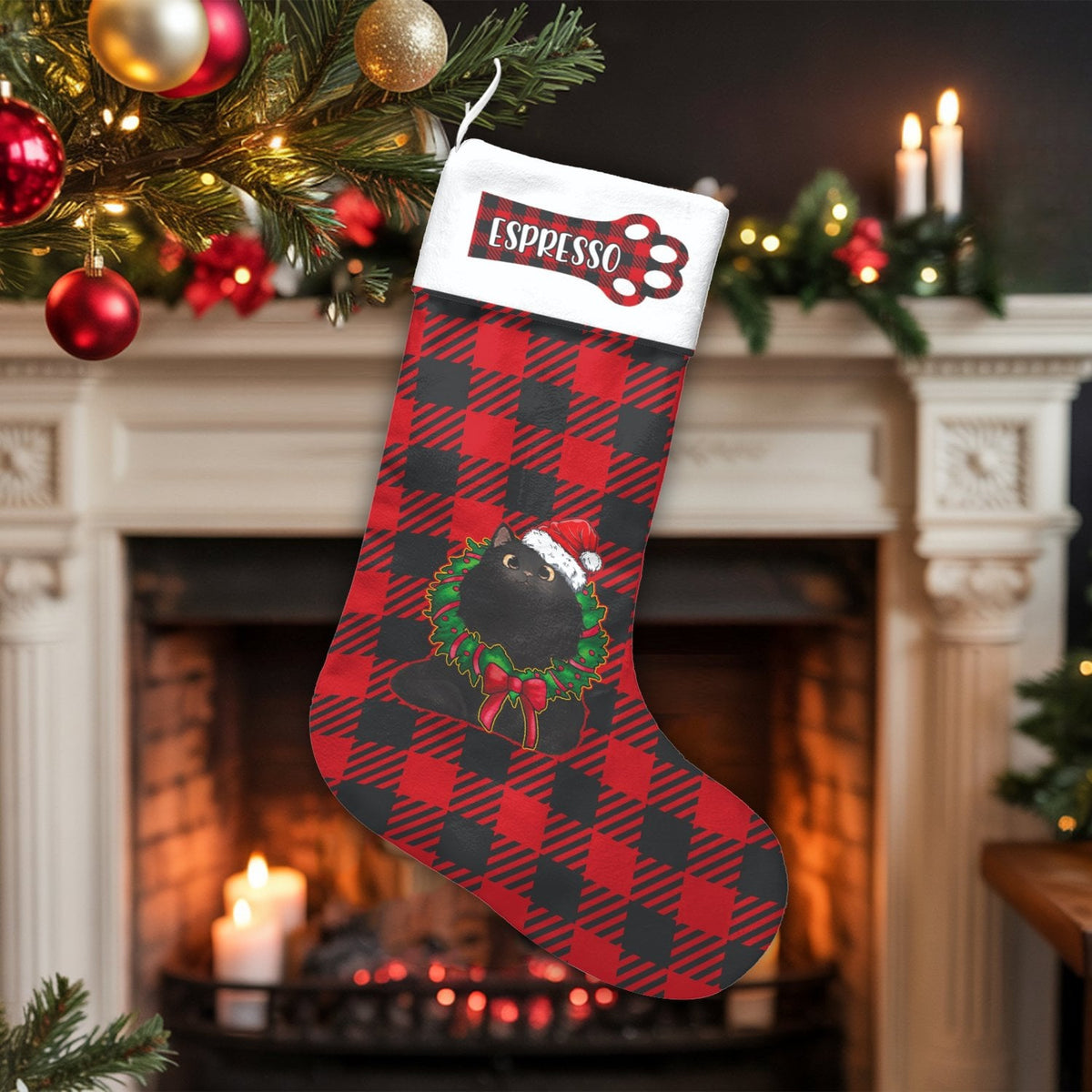 Buffalo Plaid Holiday Stocking, Personalized Black Cat Christmas Stocking, Custom Kitten Xmas Stocking, Adorable Cat Lover Pr