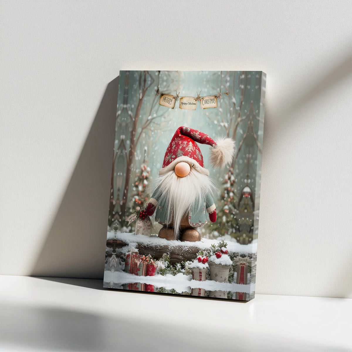 Snowy Winter Woodland Scene Canvas Print, Christmas Gnome Canvas Wall Art, Festive Holiday Wall Decor, Nordic Gnome Xmas Home