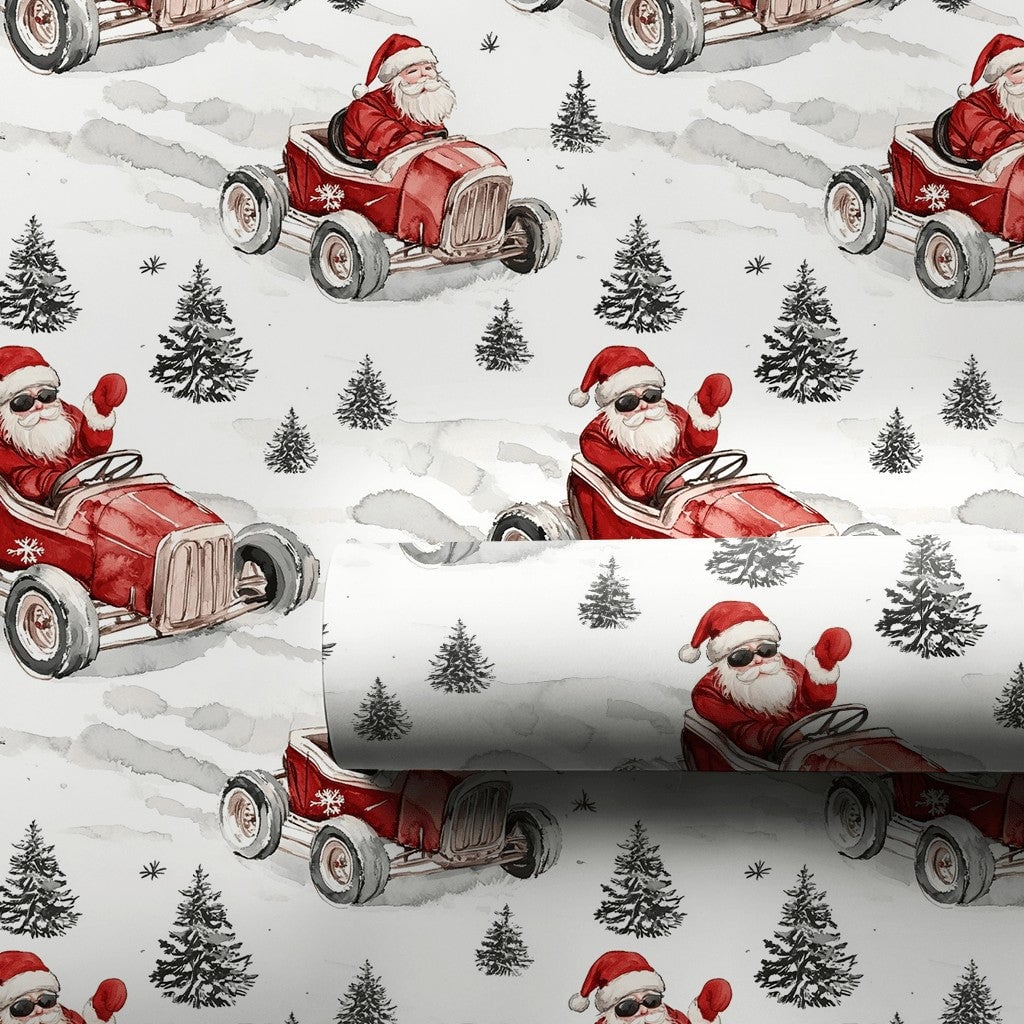 Sunglasses Santa Christmas Gift Wrap, Santa Driving Red Race Car Wrapping Paper, Vintage Car Holiday Present Paper, Xmas Gift