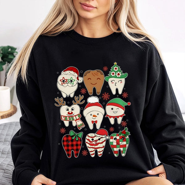 Adorable Festive Teeth Graphic Crewneck, Dentist Christmas Sweatshirt, Humorous Dental Office Holiday Pullover, Hygienist Xma