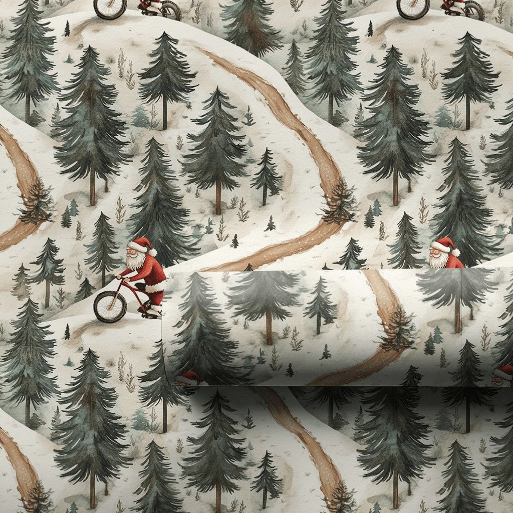 MTB Christmas Gift Wrap, Mountain Biking Santa Wrapping Paper, Snowy Forest Bike Holiday Wrapping Paper, Winter Sports Santa 