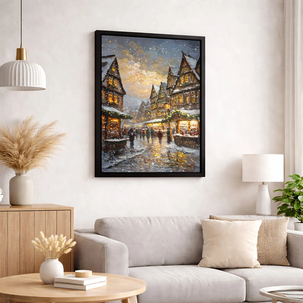 European Village Canvas Art, Snowy Christmas Market Wall Art, Winter Street Scene Digital Download, Festive Holiday Printable