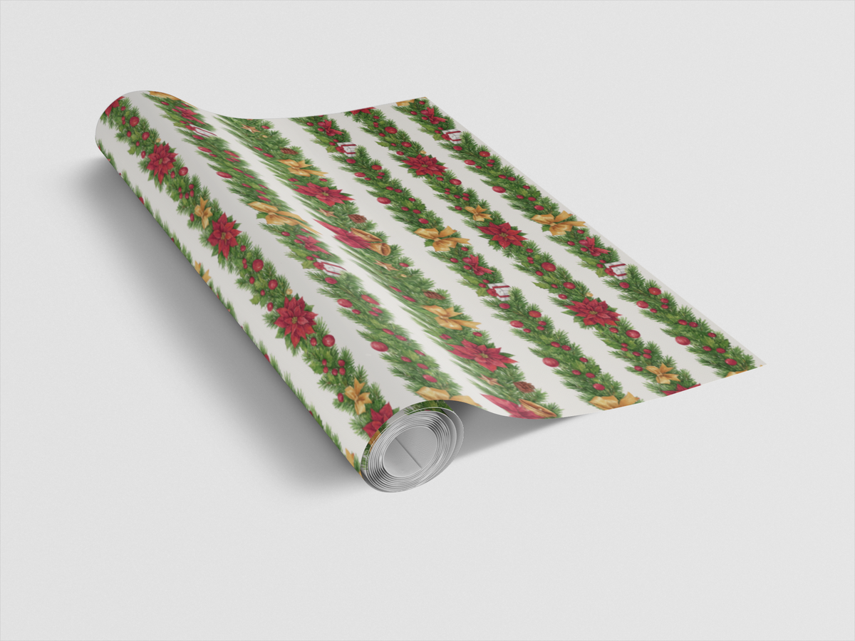 Pine Garland Gift Wrap, Watercolor Poinsettia Wrapping Paper, Elegant Christmas Wrapping Paper, Botanical Holiday Present Wra