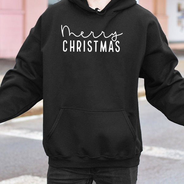 Minimalist Script Holiday Hoodie, Merry Christmas Hoodie, Comfy Xmas Lettering Hooded Sweatshirt, Winter Christmas Pullover H