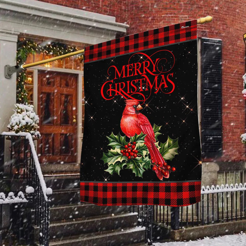 Red Buffalo Plaid Holiday Yard Flag, Cardinal Merry Christmas Garden Flag, Double Sided Winter Bird Lawn Flag, Christmas Porc