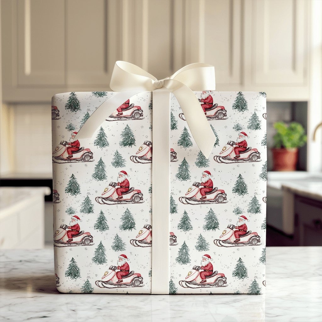 Santa Claus Snowmobile Gift Wrap, Santa Snowmobile Christmas Wrapping Paper, Winter Adventure Holiday Wrapping Paper, Xmas Gi
