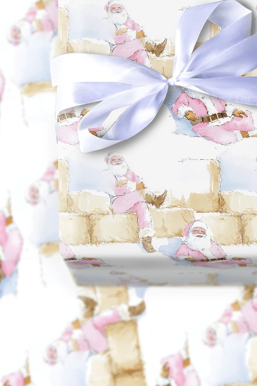 Rustic Hay Bale Christmas Gift Wrap, Pink Santa Wrapping Paper, Watercolor Country Holiday Wrapping Paper, Whimsical Western 