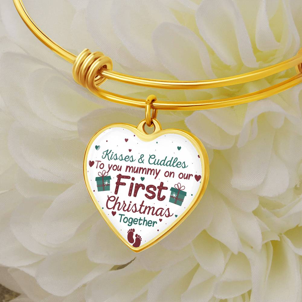 Mummy Keepsake Bracelet, First Christmas Heart Bangle, Silver Tone New Mom Charm Bracelet, Holiday Season Keepsake Present fo