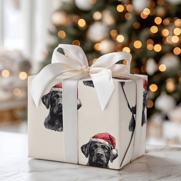 Santa Hat Dog Gift Wrap, Black Labrador Christmas Wrapping Paper, Adorable Pet Lover Holiday Wrapping Paper, Puppy Xmas Gift 