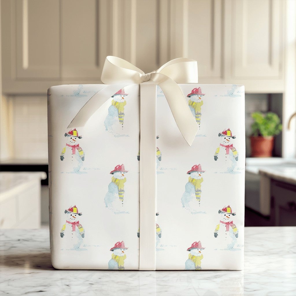 First Responder Gift Wrap, Firefighter Snowman Wrapping Paper, Watercolor Snowman Wrapping Paper, Adorable Christmas Firefigh