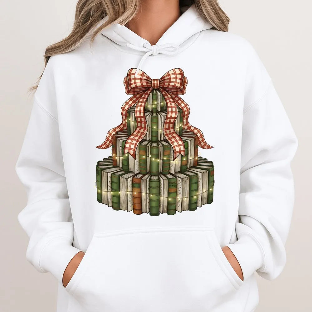 Festive Library Stack Hoodie, Christmas Book Tree Hoodie, Bookish Holiday Graphic Sweatshirt, Reader Teacher Pullover Hoodie 
