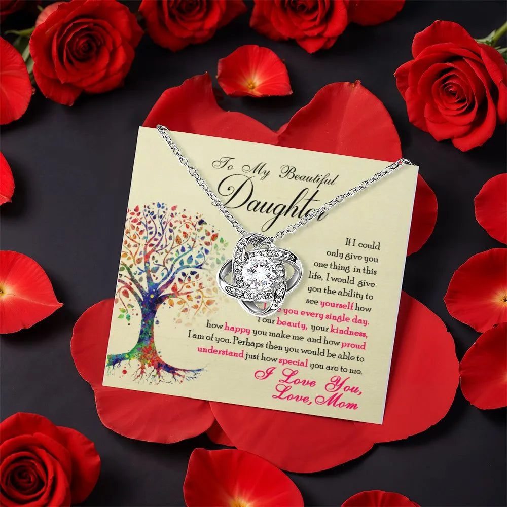 Tree of Life Card Knot Necklace, Daughter Love Knot Necklace, Sparkling CZ Crystal Pendant, Meaningful Birthday Christmas Pre
