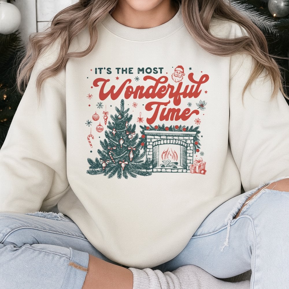Retro Christmas Tree Sweatshirt, Most Wonderful Time Sweatshirt, Comfy Fireplace Holiday Sweatshirt, Vintage Xmas Tree Crewne