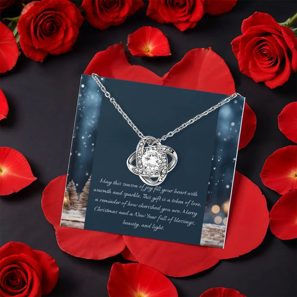 Romantic Holiday Love Knot Pendant, Christmas Love Knot Necklace, CZ Crystal Knot Jewelry, Rotating Rose Box Xmas Present for