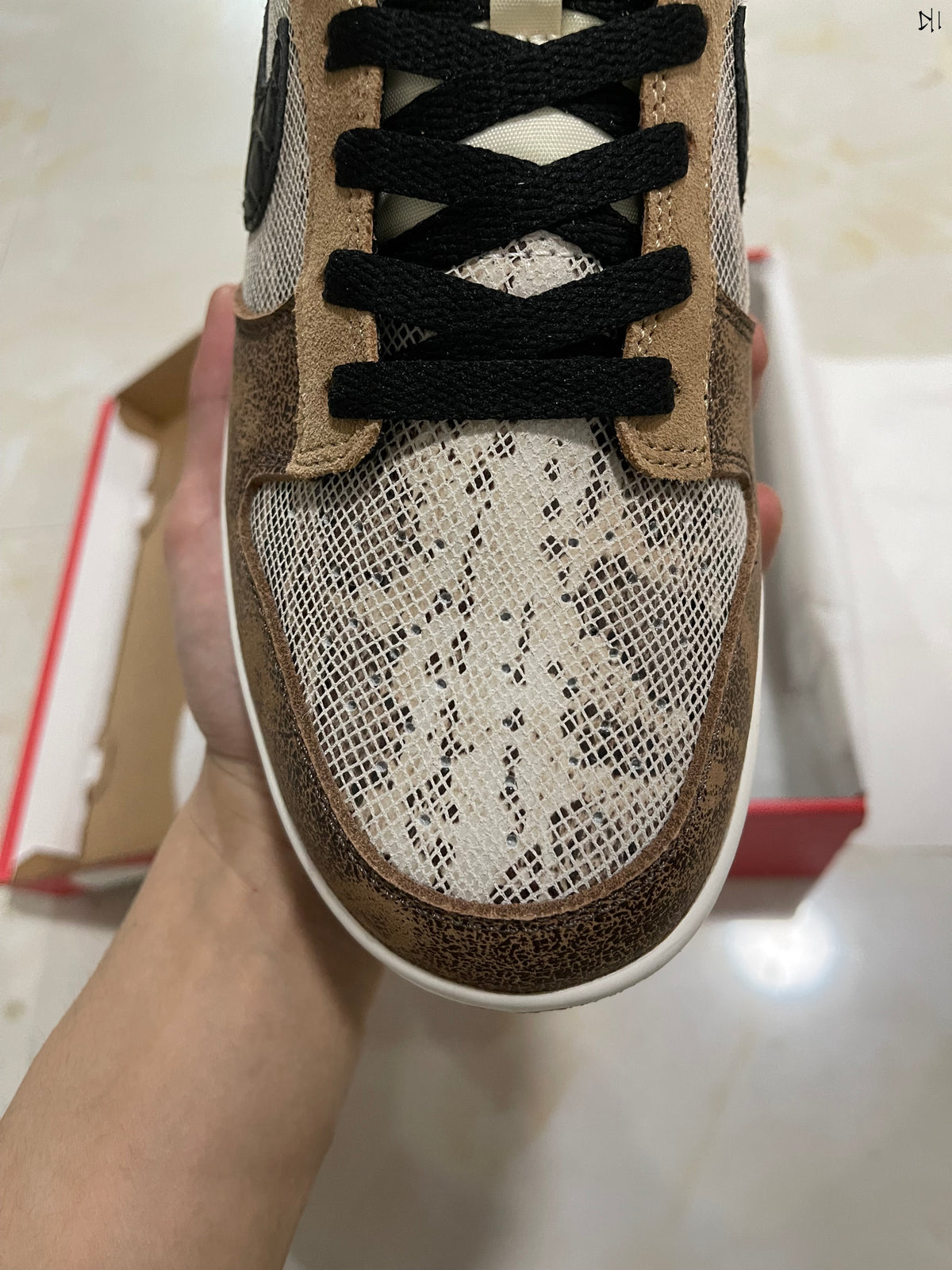 Low Top Sneakers, White Brown Colorway, Snake Pattern, Lace Up Design, Casual Gift for Sneaker Fans