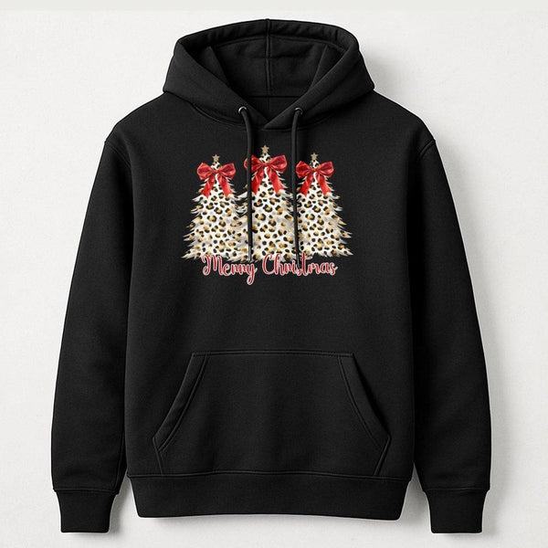 Merry Christmas Bow Hooded Sweatshirt, Leopard Print Christmas Tree Hoodie, Preppy Holiday Graphic Pullover, Winter Cheetah X
