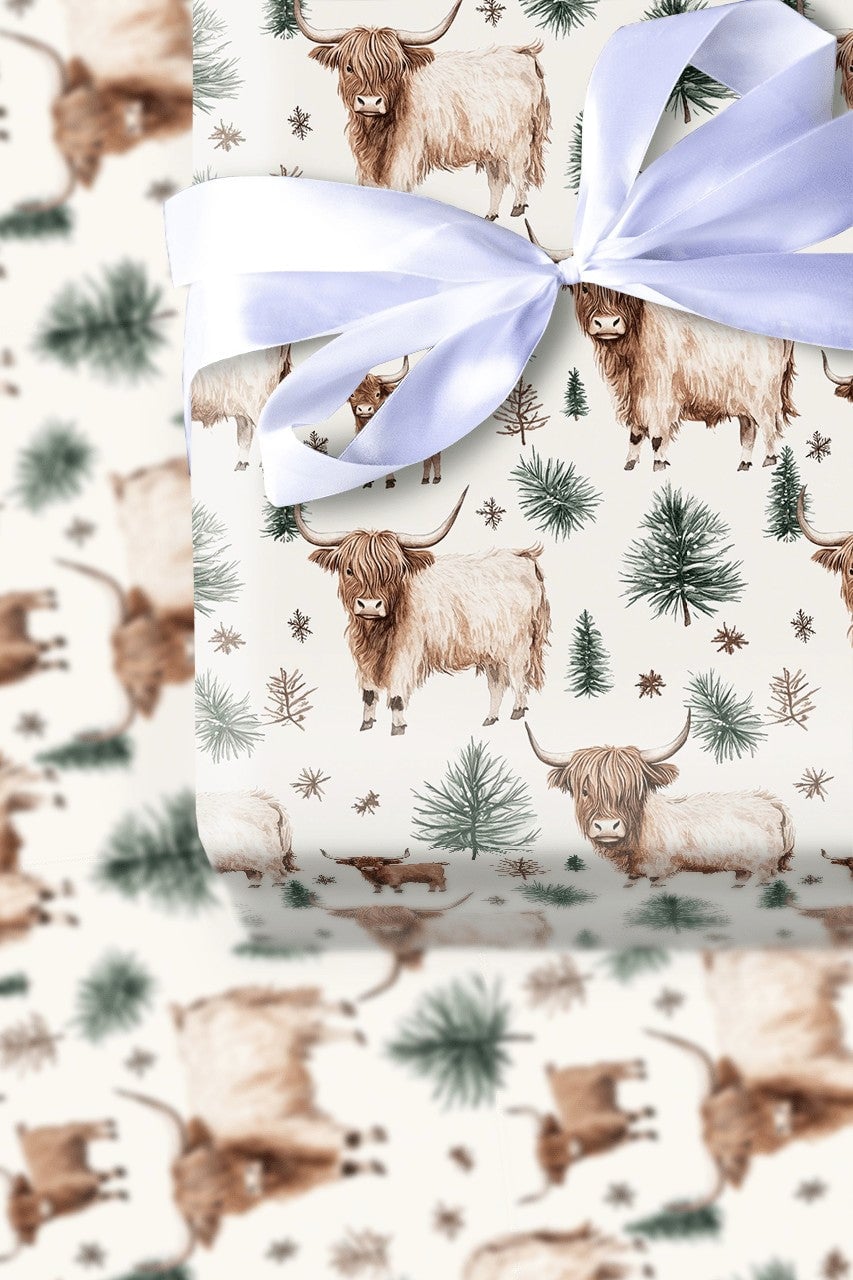 Rustic Winter Calf Gift Wrap, Highland Cow Christmas Wrapping Paper, Farmhouse Pine Tree Wrapping Paper, Watercolor Cow Holid
