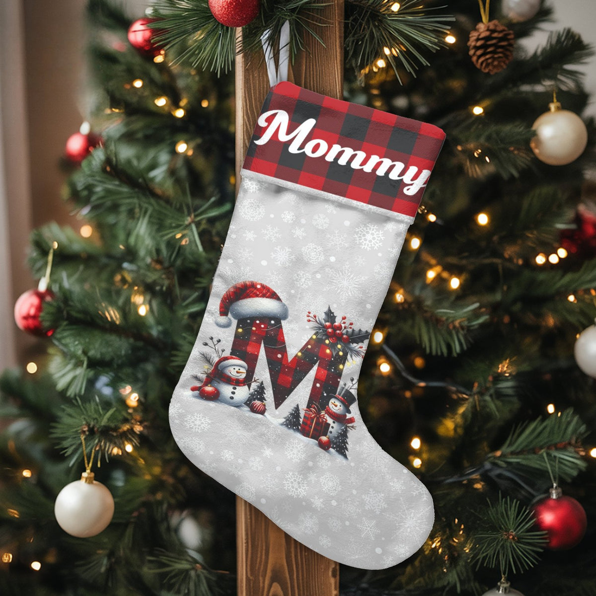 Buffalo Plaid Christmas Stocking, Personalized Letter M Christmas Stocking, Monogram Initial Holiday Stocking, Rustic Family 