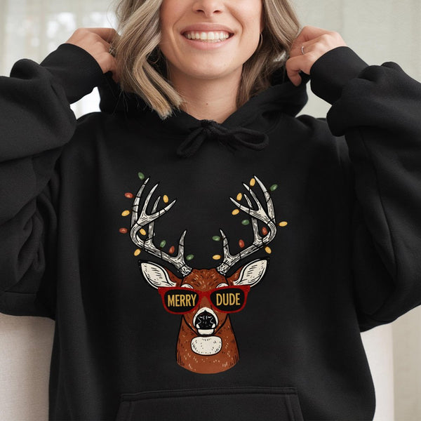 Humorous Christmas Deer Hoodie, Merry Dude Reindeer Hoodie, Xmas Lights Reindeer Graphic Hoodie, Holiday Season Pullover, Win