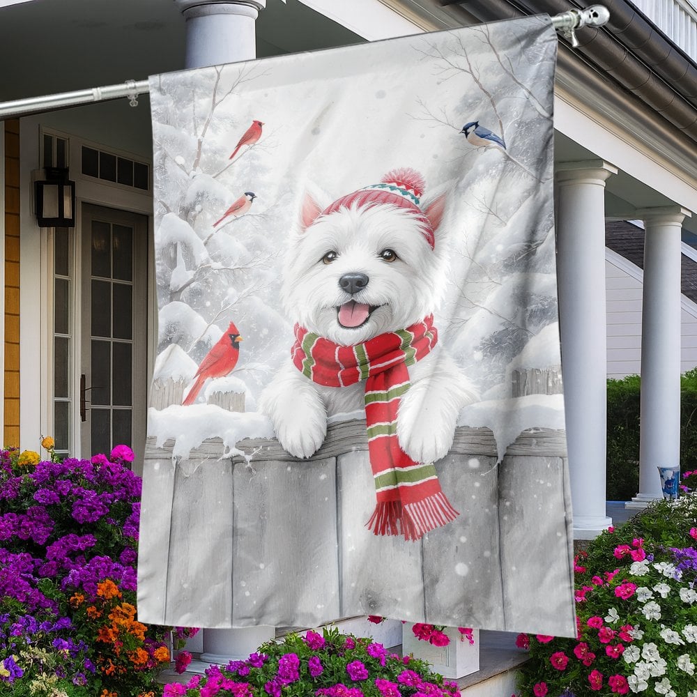 Winter Cardinal House Flag, Westie Dog House Flag, Christmas Dog House Flag, Snow Scene Garden Flag, Dog Lover Holiday Yard B