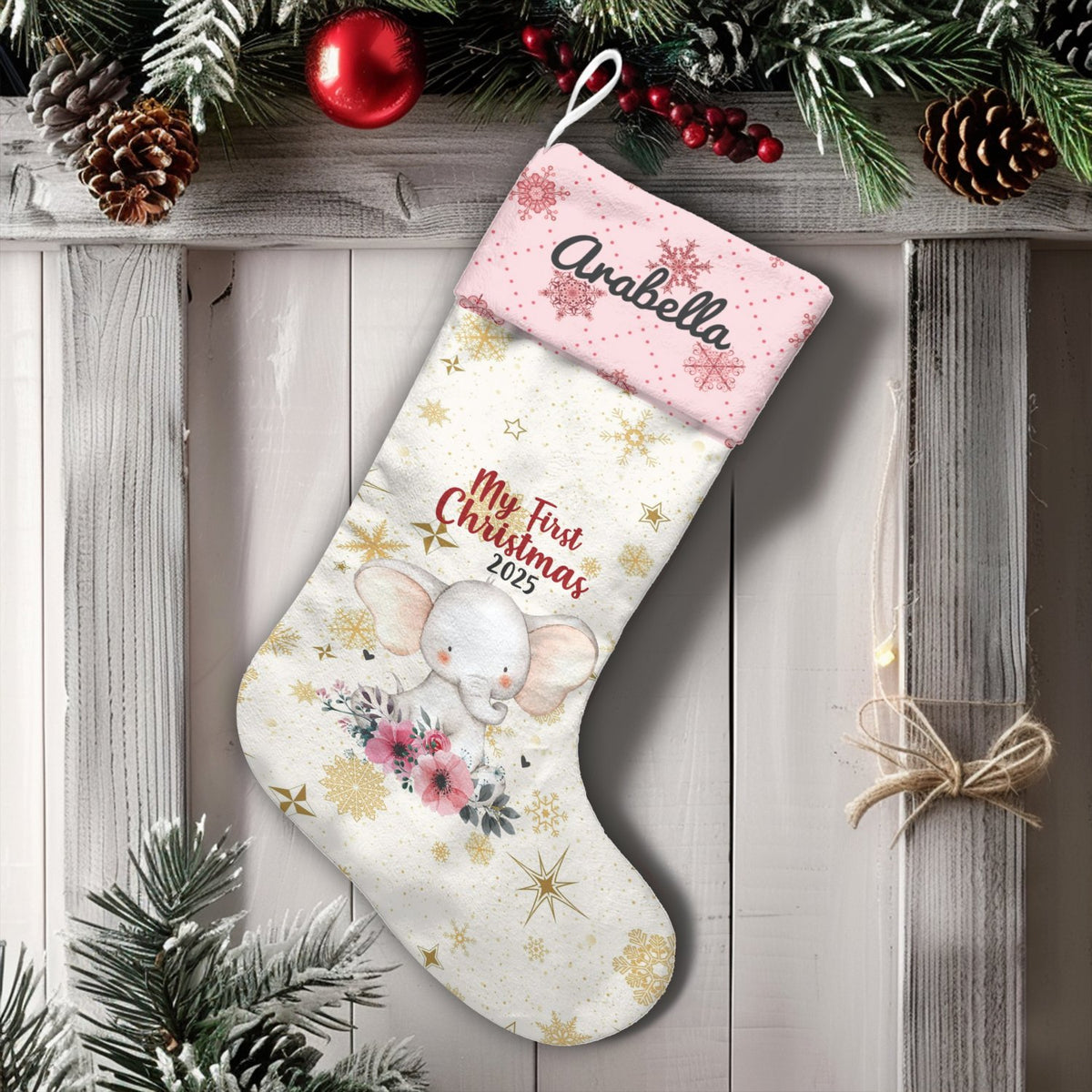 Custom Newborn 2025 Christmas Stocking, Personalized Elephant Baby First Christmas Stocking, Velboa Baby Holiday Stocking, Ke