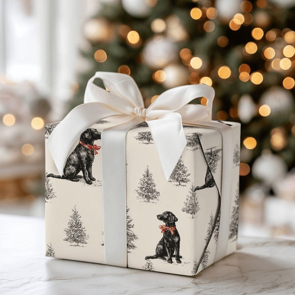 Rustic Holiday Dog Gift Wrap, Black Labrador Christmas Wrapping Paper, Pine Tree Puppy Wrapping Paper, Pet Gift Wrap, Dog Lov