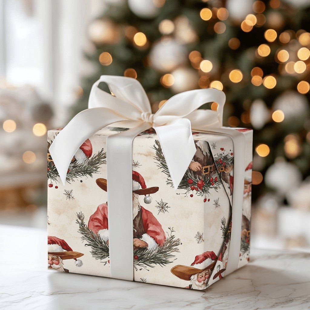 Watercolor Country Christmas Gift Wrap, Rustic Cowboy Santa Wrapping Paper, Western Santa Wreath Holiday Paper, Vintage Xmas 