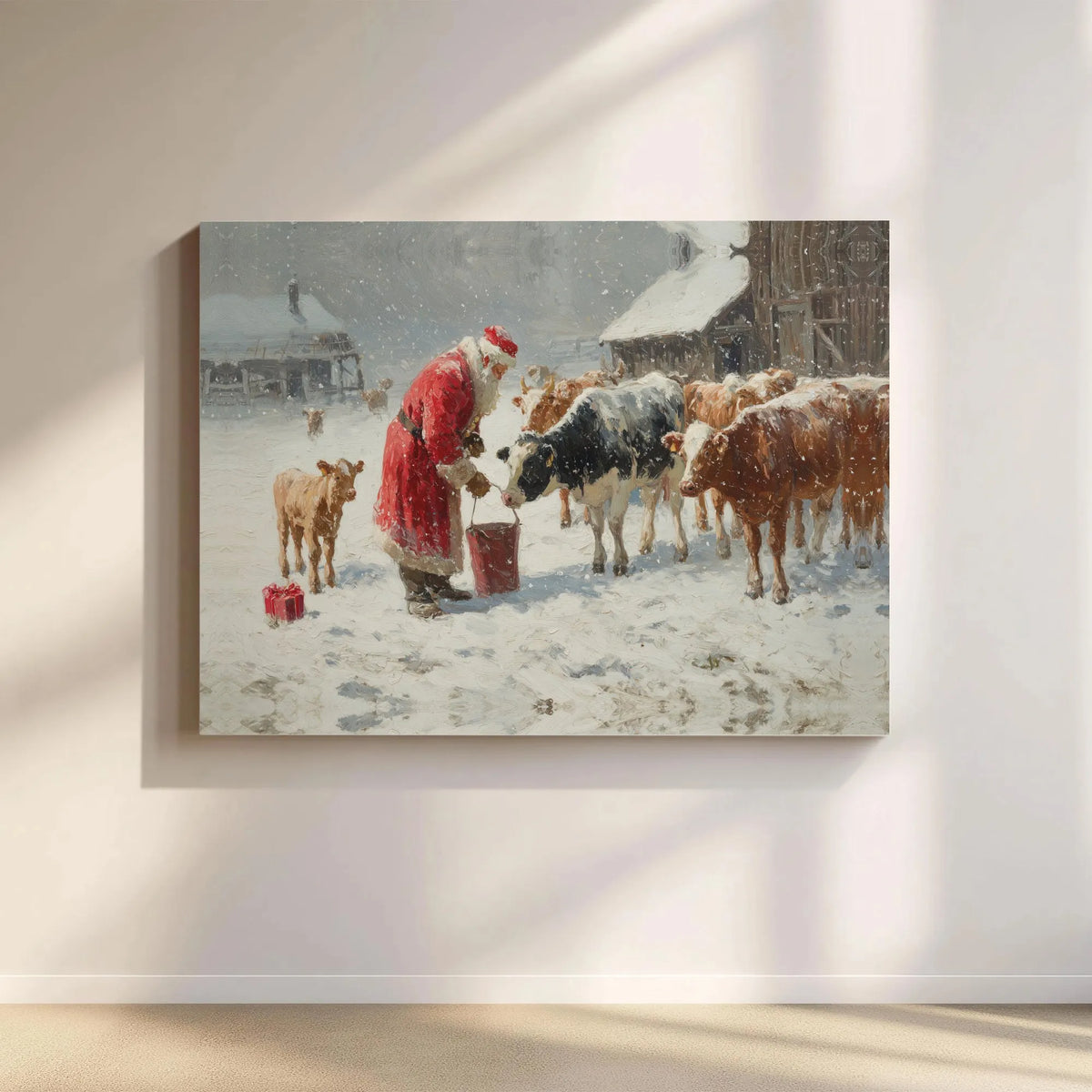 Snowy Farm Christmas Canvas Wall Art, Santa Feeding Cows Canvas Print, Rustic Farmhouse Winter Canvas Decor, Holiday Cattle C