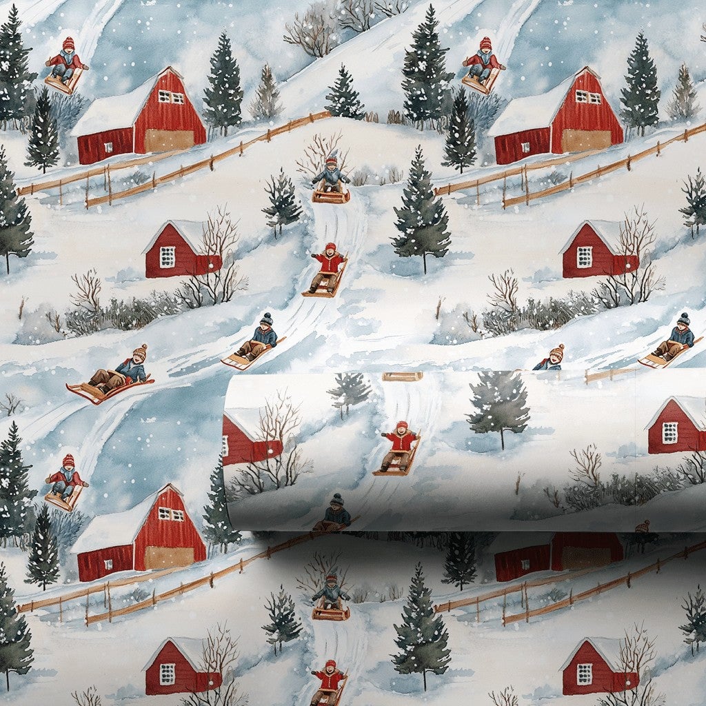Rustic Red Barn Christmas Gift Wrap, Winter Sledding Wrapping Paper, Country Snow Scene Wrapping Paper, Festive Holiday Prese