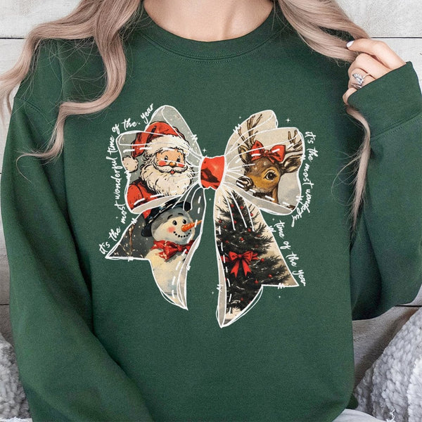 Vintage Santa Reindeer Crewneck, Christmas Coquette Bow Sweatshirt, Retro Holiday Coquette Pullover, Adorable Christmas Sweat