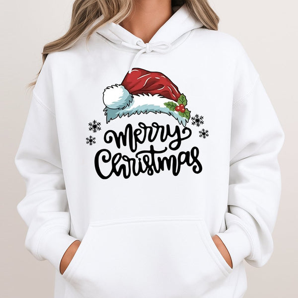 Santa Hat and Holly Berry Hooded Sweatshirt, Merry Christmas Hoodie, Comfy Winter Holiday Hoodie, Festive Christmas Season Pu